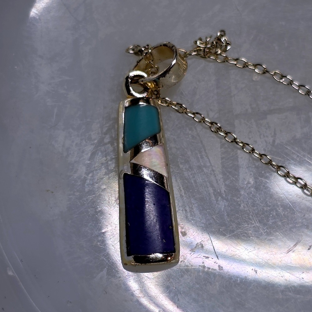 Sterling Silver Geometric Inlay Lapis Turquoise Mother of Pearl Bar Necklace - Picture 2 of 4